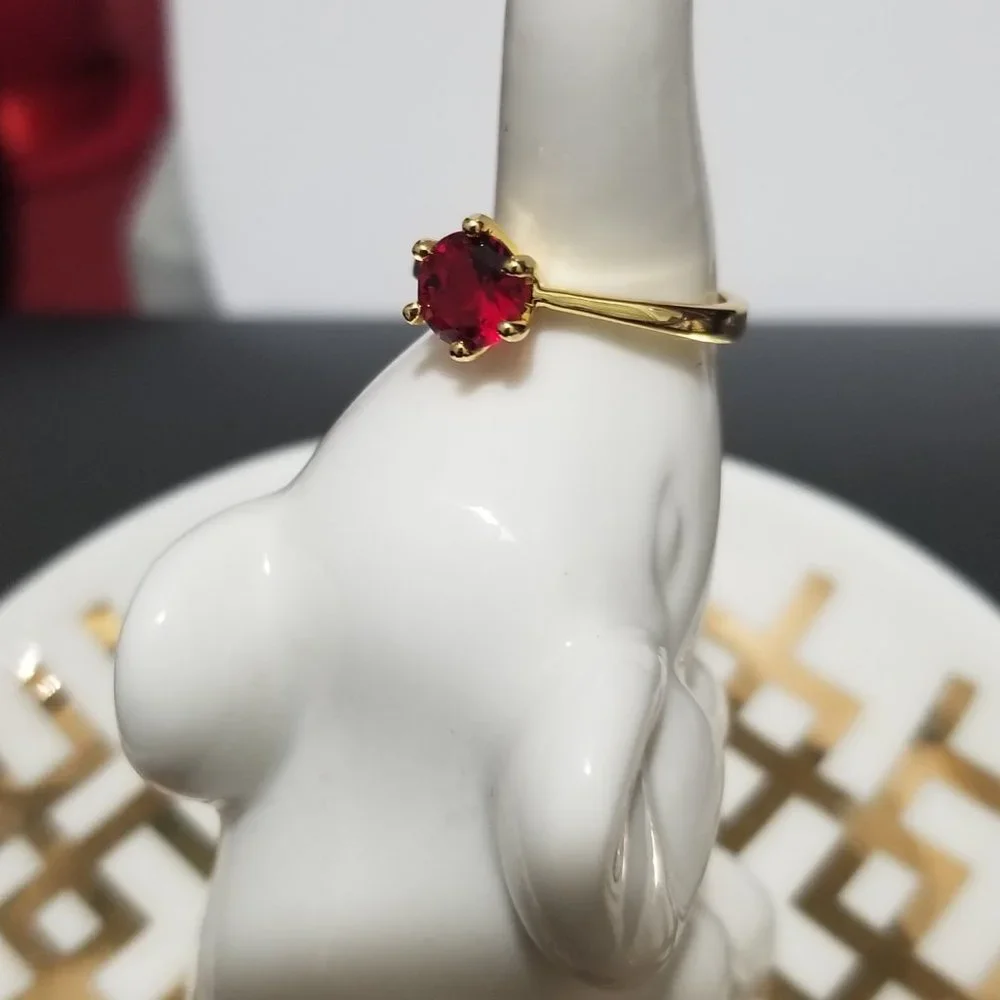 Poppy Engagement Ring 1k CZ Solitaire - Ruby Red on Yellow Gold - Picture 8 of 11